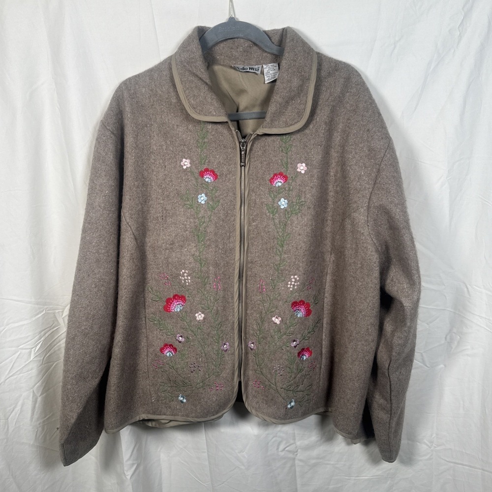 VTG Studio West‎ Brown Floral Embroidered Wool Full Zip Jacket Size 2X